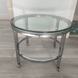 Small Round Glass Metal Table W/ Wheels Living Dining Room Bedroom *Ex Cond*