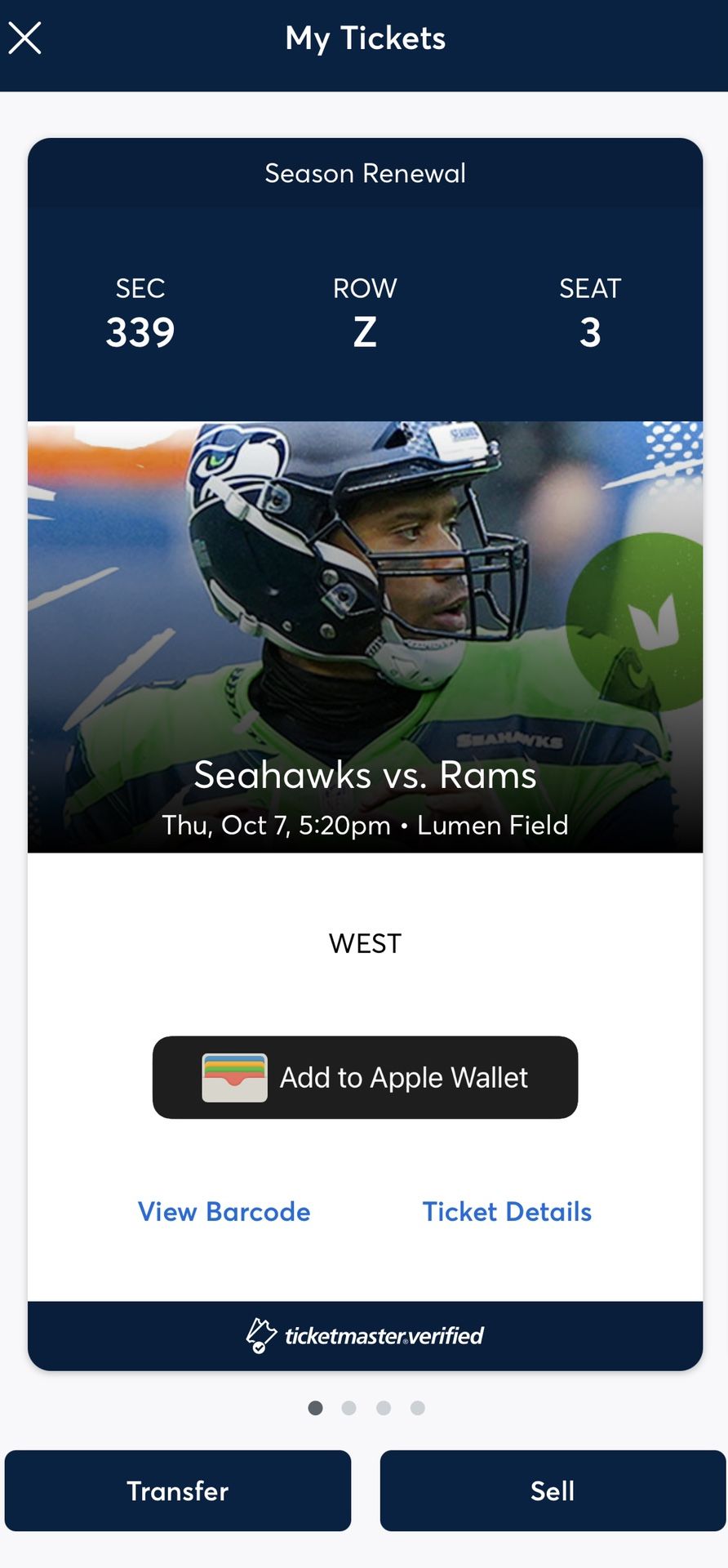 Seahawks vs LA Rams TNF Prime Time -Sec 339 2 Or 4 Tix