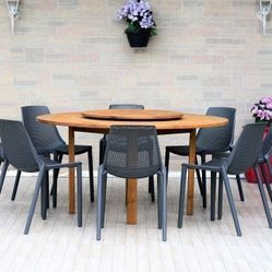 *BRAND NEW* 9 Piece Round 100% FSC Certified Solid Wood Table With Grey Chairs Dining Set | Ideal Furniture Set for Outdoor
