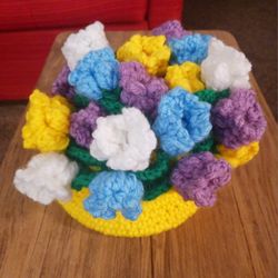 Beautiful Hand Crocheted Flower In A Pot Coaster Set 