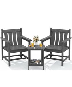SEWRWALL 3 Pieces Patio Bistro Set, All Weather Adirondack Chair Set with Side Table, HDPE Material Outdoor Patio Furniture Set for Balcony, Porch, Ga
