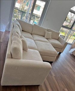 Stylish Ivory Corduroy Sectional Sofa