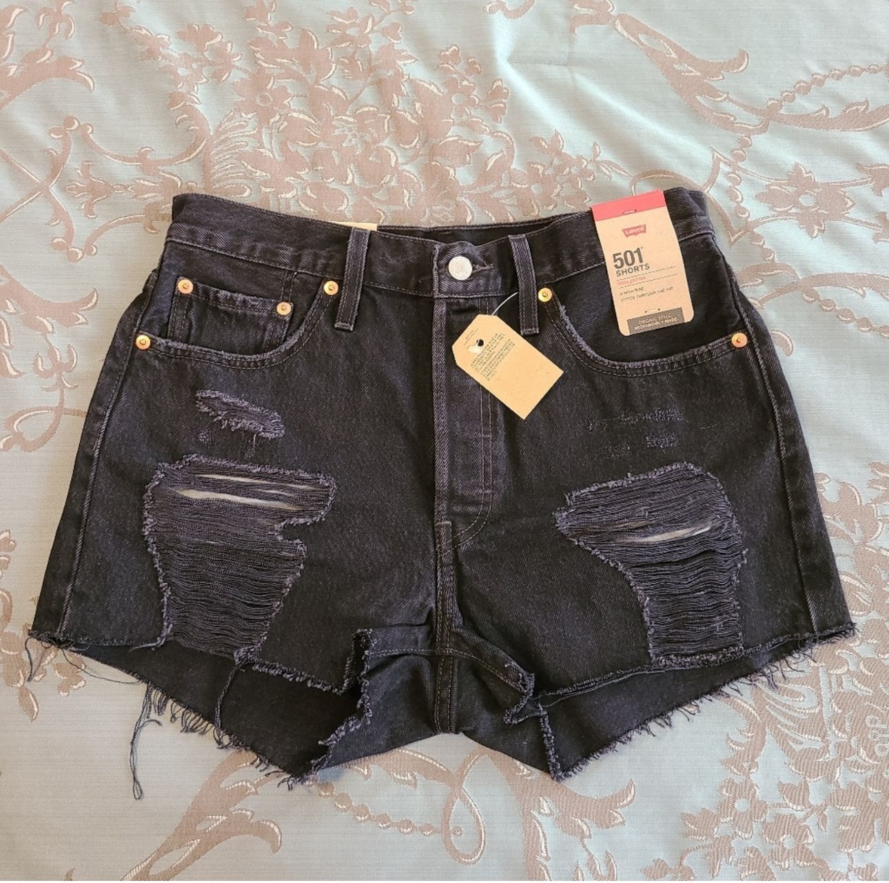 Levi's 501 High Rise Cut Off Distressed Black Denim Shorts Women Size 29
