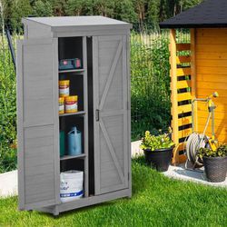 69” H Wooden Outdoor Storage Cabinet, Wooden Storage Shed with Metal Top for Yard and Garden [NEW]