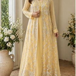  Yellow Open-Front Embroidered Chiffon Dress with Dupatta | Mehndi/Maiyon Outfit