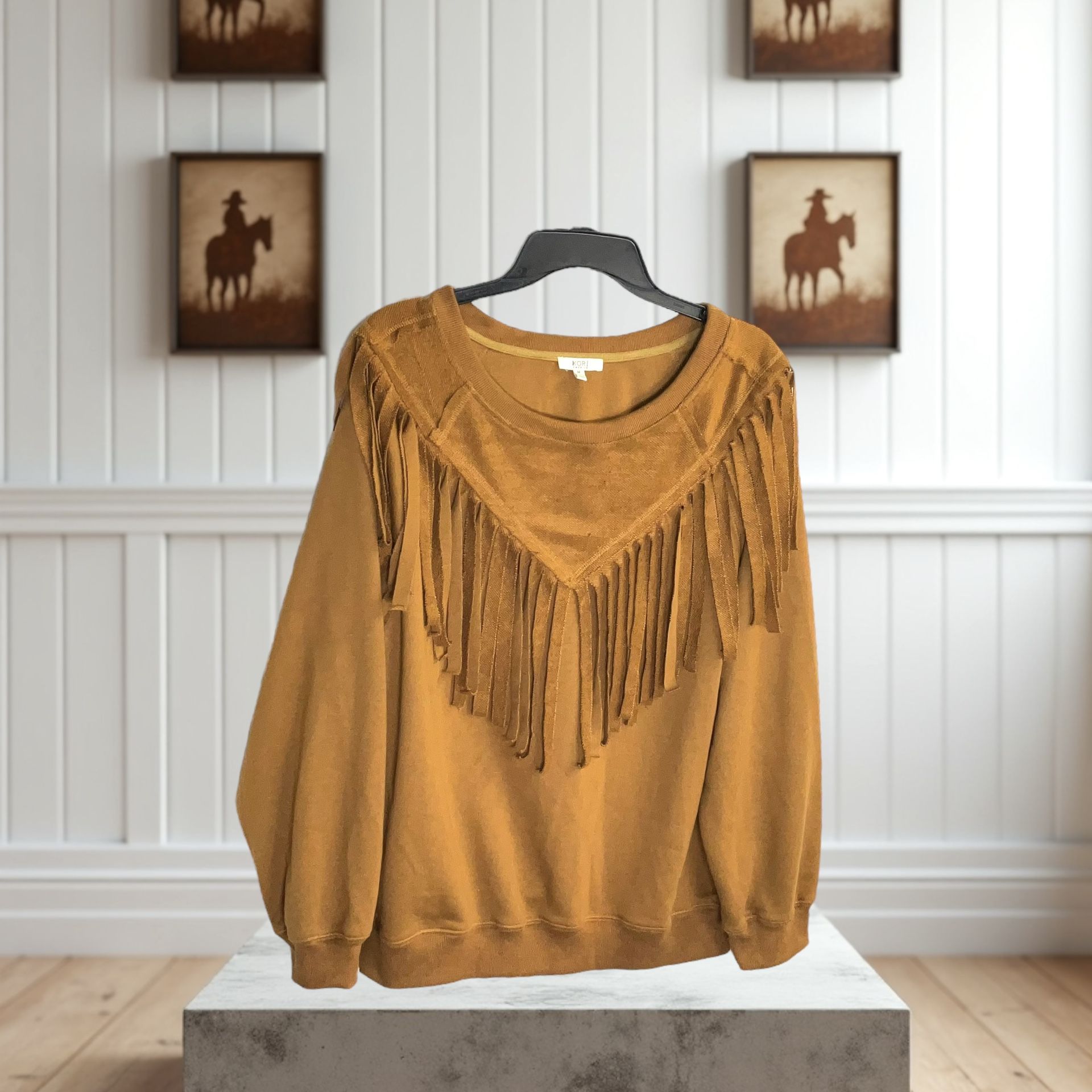 Kori America Rust Camel Brown Long-Sleeved Sweatshirt w Fringe Women Medium