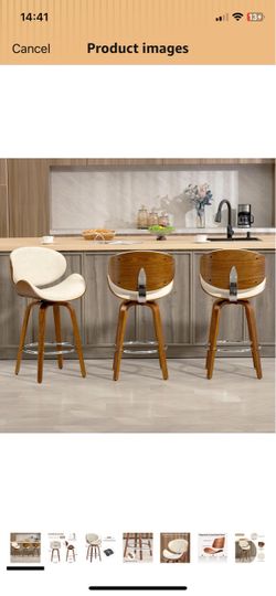26'' Swivel Bar Stools Set of 3, Upholstered Faux Leather. Beige