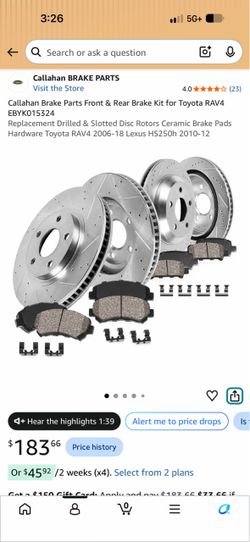 Callahan Brake Parts Front & Rear Brake Kit for Toyota RAV4 EBYK015324 Replacement Drilled & Slotted Disc Rotors Ceramic Brake Pads Hardware Toyota RA