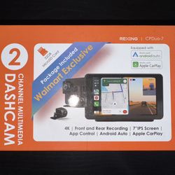 Dash Cam REXING 7" Wireless CarPlay/Android Auto Receiver, 4K Dash Cam, 1080p Rear, GPS, Bluetooth, 32GB Card