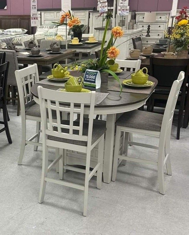 ✅️5 pc white grey finish wood counter height oval dining table set^