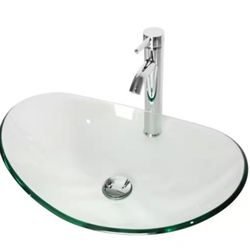 Bathroom Tempered Clear Glass Vessel Sink Oval Bowl Chrome Faucet and Pop-Up Drain
