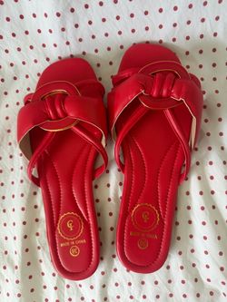 Red Flat Slide Sandals with Gold Ring Detail