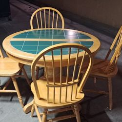 Nice Solid Wood Round Table With Green Tile Top and 4 Solid Wood Chairs