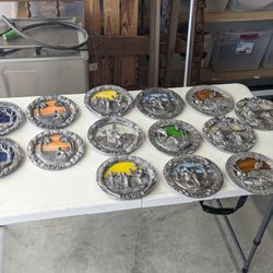 14 Michael Ricker Pewter Plates 1 Numbered Limited Edition Christmas Mother's Day Annual Pewter Collector Plates with Stained Glass backgrou