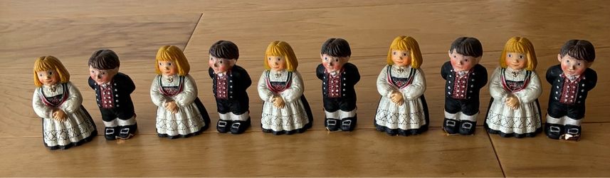 10 Norwegian miniature figurines, new with tags, hand painted, by Candy Design, Norway.