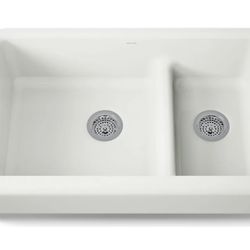 Kohler Whitehaven 35.5” Self-Trimming Farmhouse Double Basin Enameled Cast Iron Kitchen Sink in Dune