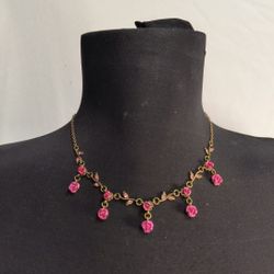 Vintage Pink Mini Rose Brass Tone Bib Choker Collar Necklace 15-19 in