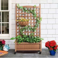 50" H Raised Garden Bed with Trellis & Wheels Standing Vertical Horticulture Planter Box for Vine Climbing Plants, Flowers, Herbs Brown
