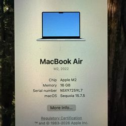 MacBook Air M2 • 16GB RAM • 512GB SSD • Excellent Condition