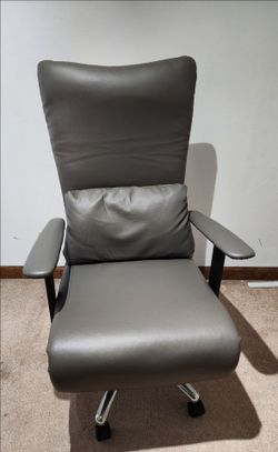 Gray Reclining Leather High-Back Office Chair with Lumbar Pillow