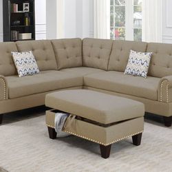 Brand New Beige Sectional Sofa W Storage Ottoman 