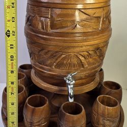 Antique Bar keg SOLID WOOD LAZY SUSAN DRINK SERVING SET (14 PC) wooden JUG w/SPIGOT~CUPS