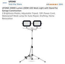 UFOND 20000 Lumen 200W LED Work Light with Stand for Garage Construction 2 Brightness Modes, Adjustable Tripod, 10Ft Power Cord, Waterproof Work Lamp 