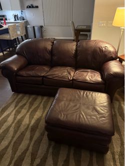 Burgundy Leather Sofa and Ottoman