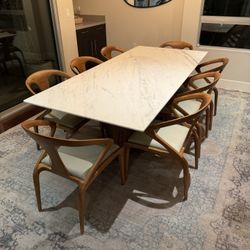 Modern Luxury Marble Dining Table + 8 Chairs – Marble Top, Solid Wood Base