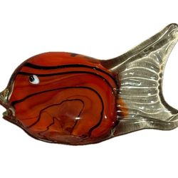 Vintage Murano art glass fish figurine with orange body and clear tail