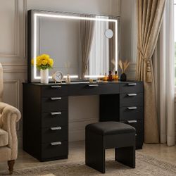 Vanity with Large Mirror and Lights, 46" Vanity Desk Dressing Table Set with 11 Drawers & Storage Stool, Dressing Table with Power Outlet and Magnifyi
