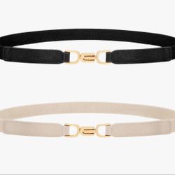 XZQTIVE Women Elastic Thin Belts for Dress Skinny Stretch Plus Size Black Brown Waist Belts with Fashion Gold Buckle Set of 2. (Bin 28)