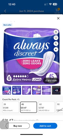 New Always Discreet Incontinence Pads, Extra Heavy Absorbency, Long Length, 45 CT