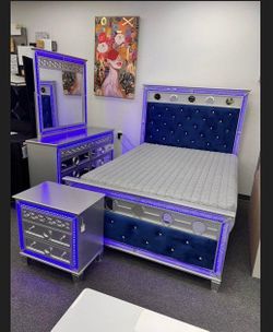 Brand New Mirrored Style LED Bed/Bedroom w/Royal Blue Velvet Headboard