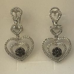 Sterling Silver ~1/2CTW Black & White Diamond Heart Dangle Earrings