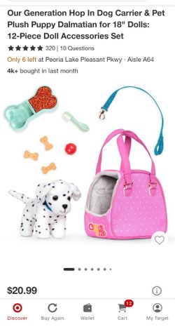 Brand New Our Generation Hop In Dog Carrier set with plush Dalmatian puppy and Accessories 