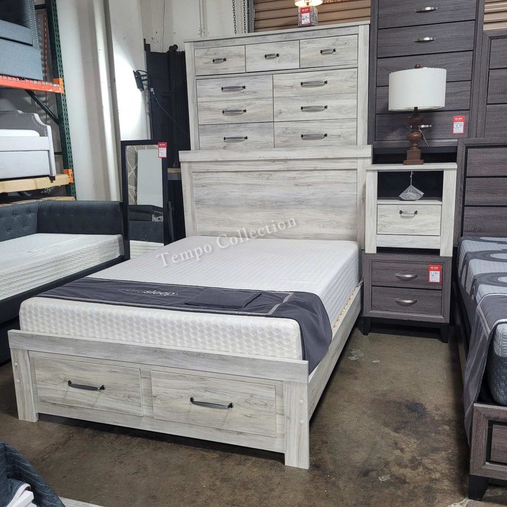 3 Pcs Bedroom Set, Queen Storage Platform Bed Frame(No Box Spring Required), Dresser and Nightstand, Bundle Deal , Whitewash Color, SKU#10B331BUNDLE
