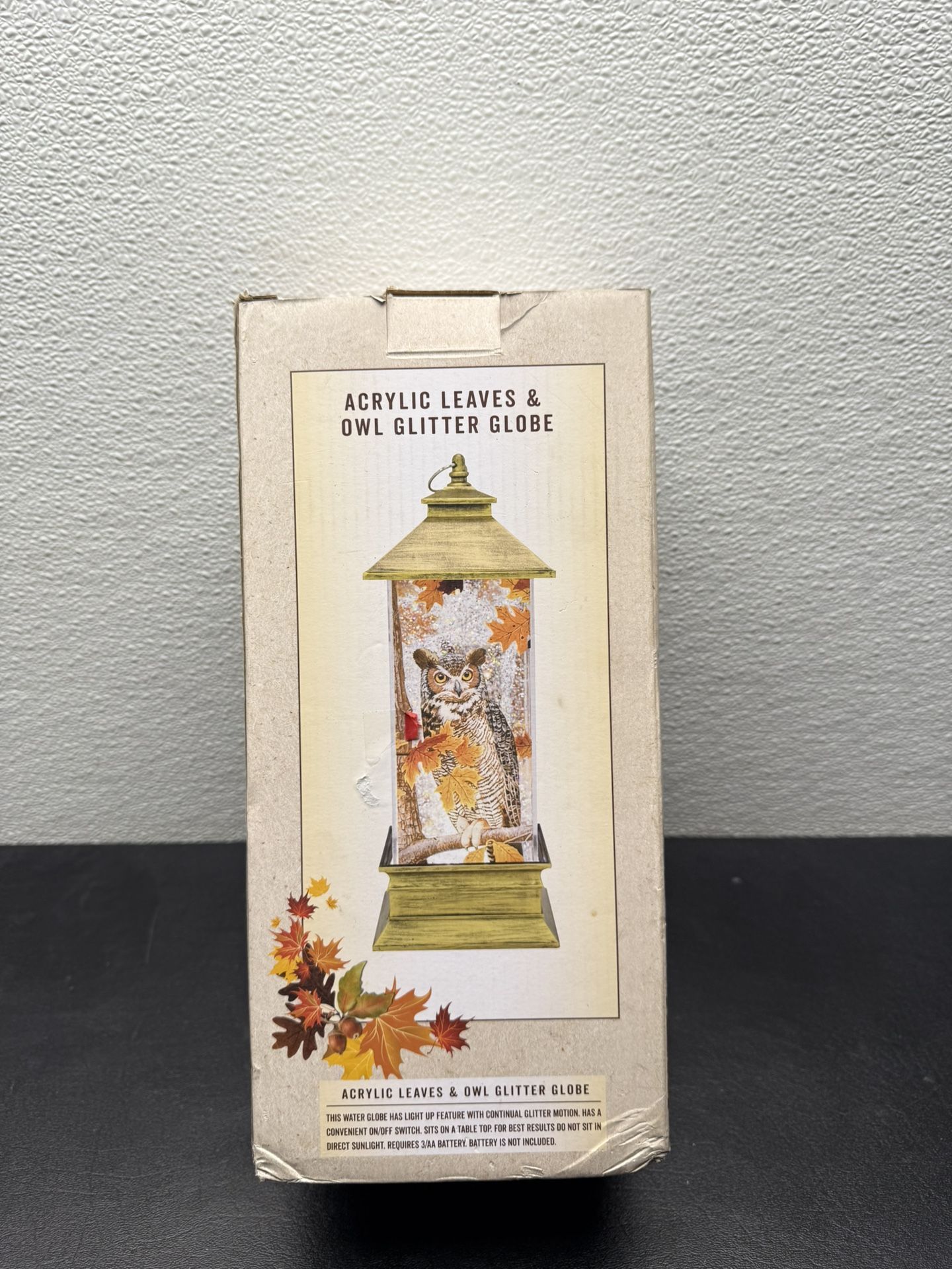 RARE CRACKER BARREL LARGE OWL & LEAVES GLITTER GLOBE - 11 1/2" TALL