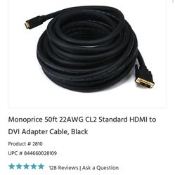 Monoprice 50ft 22AWG CL2 Standard HDMI to DVI Adapter Cable, Black