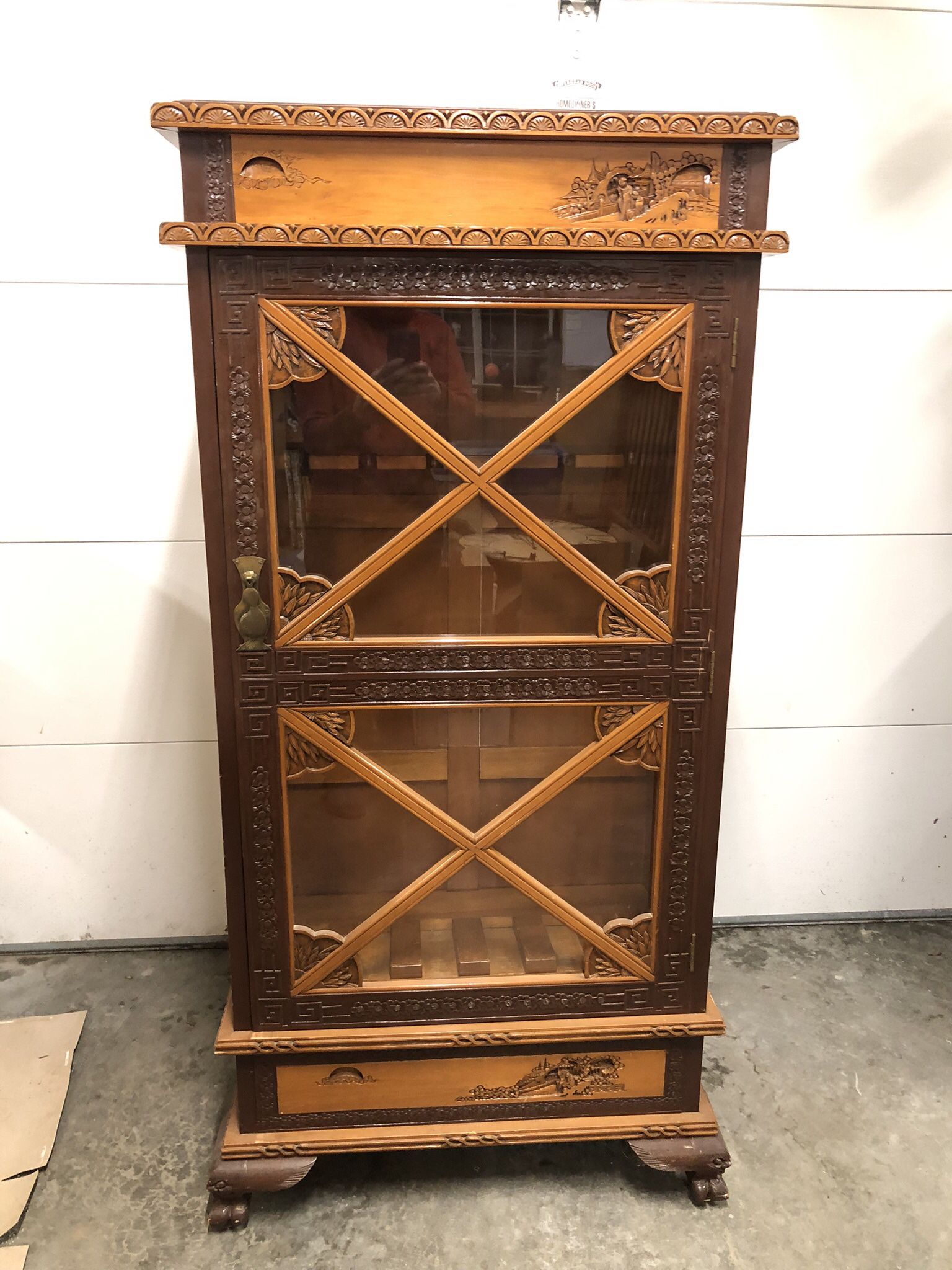 Vintage Cabinet With Wood Carved Asian Detail