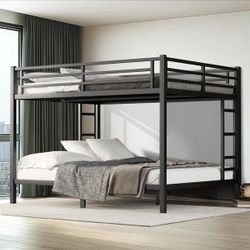 Queen over Queen Metal Bunk Bed, Heavy-Duty Steel Frame for Adults with Safety Guardrails, Black