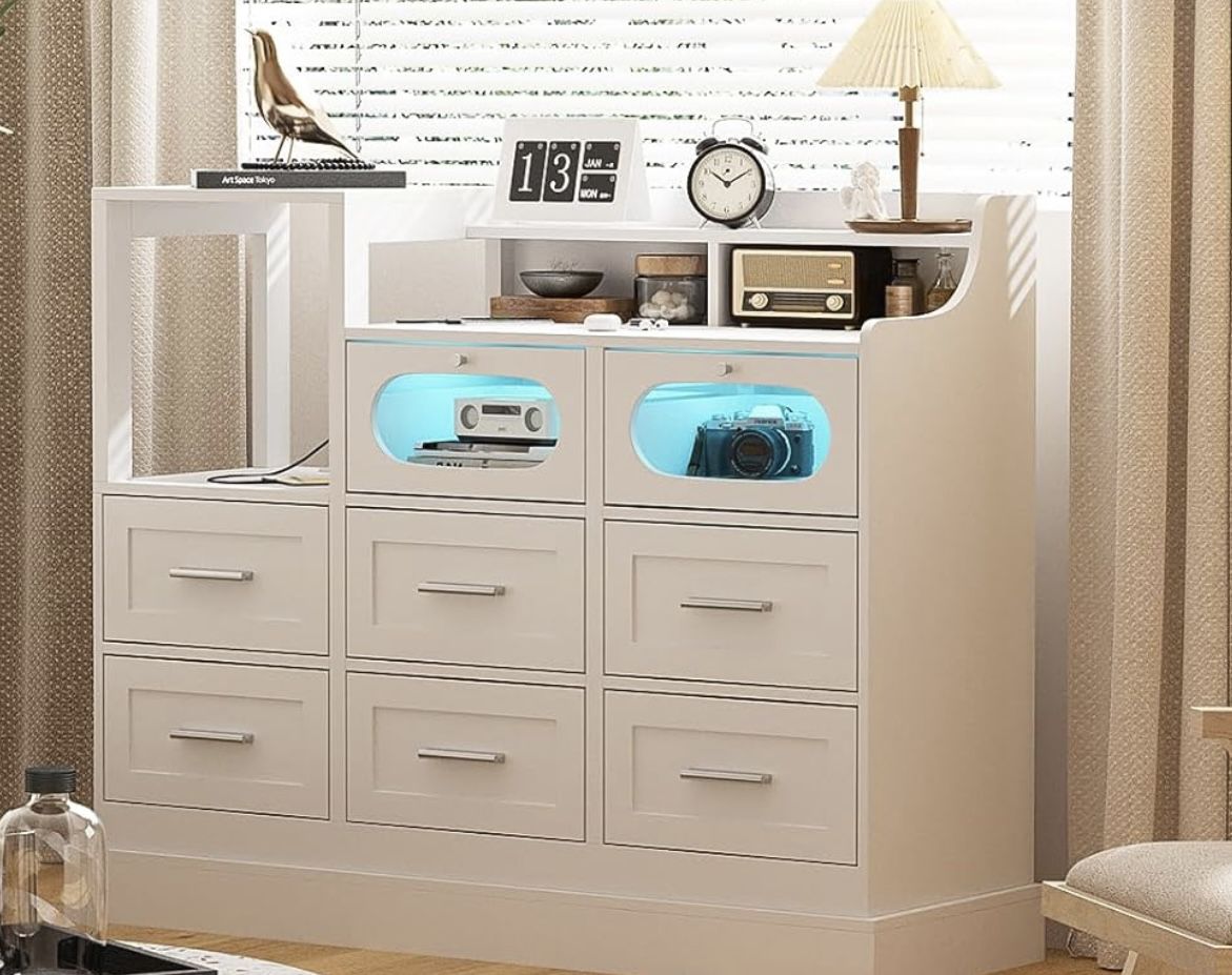 😀 New but Factory defect: (Please check pic 5&6) Fameill White Dresser with LED Light for Bedroom 8 Drawer Dressers with Charging Station Chests