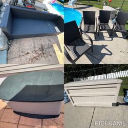 OUTDOOR PATIO DECK FURNITURE SOFA SET 4 CHAIRS 2 DECK BOX BOXES EACH $
