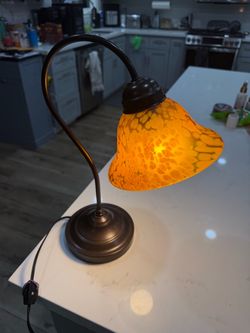 Vintage 1990’s Gooseneck Table Lamp Gold Speckled Art Glass Shade MCM Style