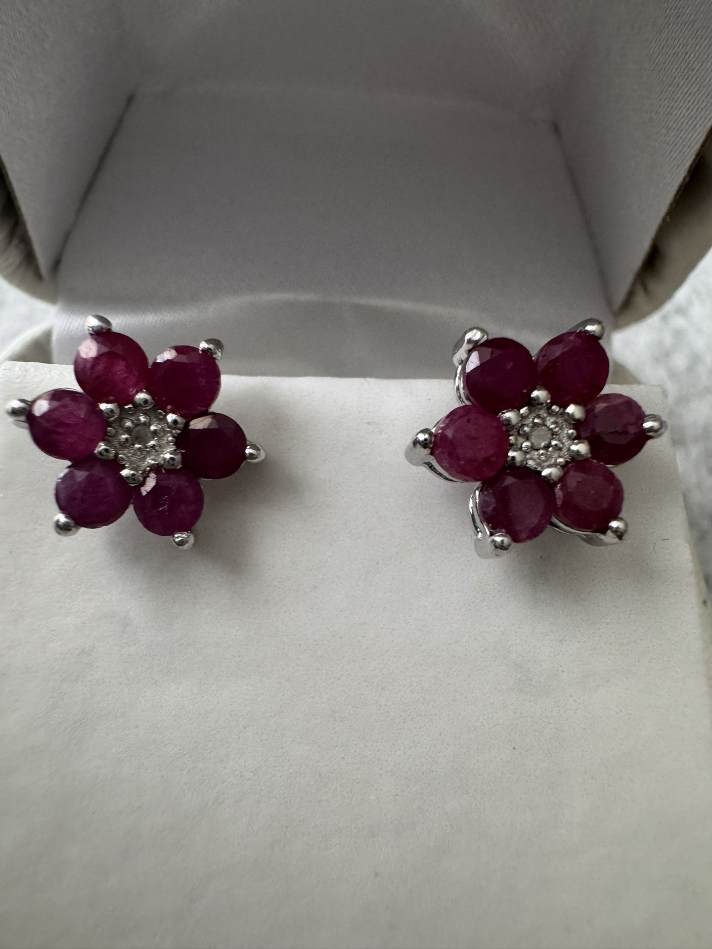925 Sterling Silver ~3mm Ruby & Diamond Cluster Stud Earrings