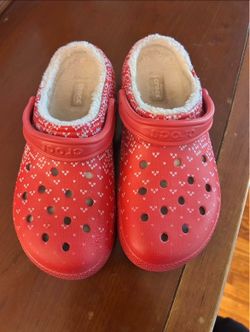 Red and white crocs