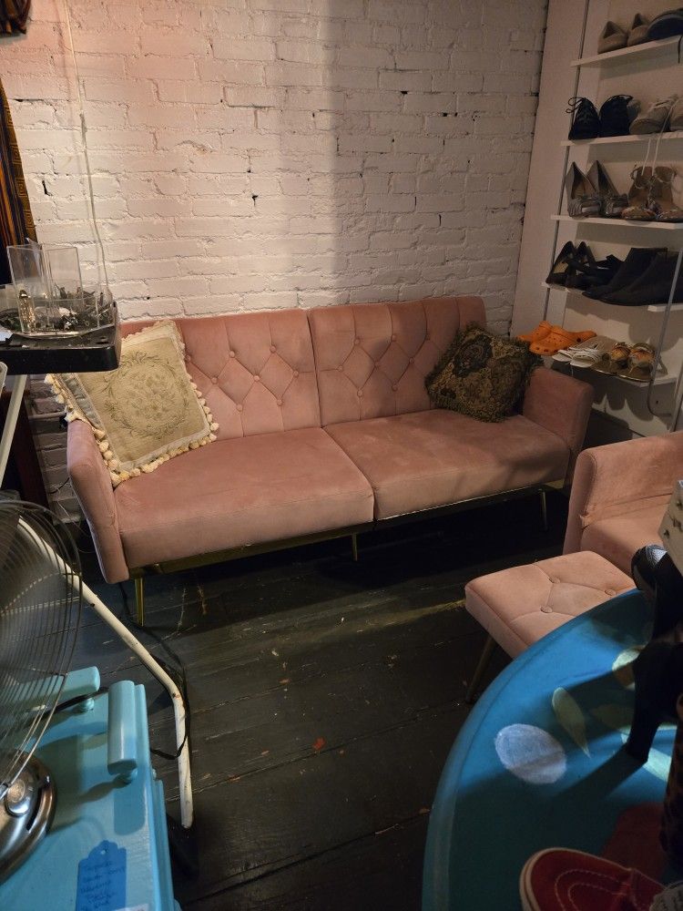 Pink Retro Couch And Chair With Foot Stool