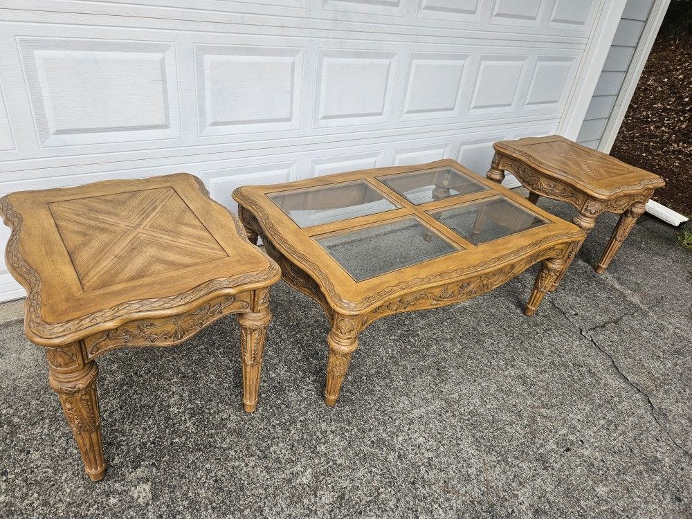Carved Wood Coffee Table and 2 End Tables 3pc Living Room Set