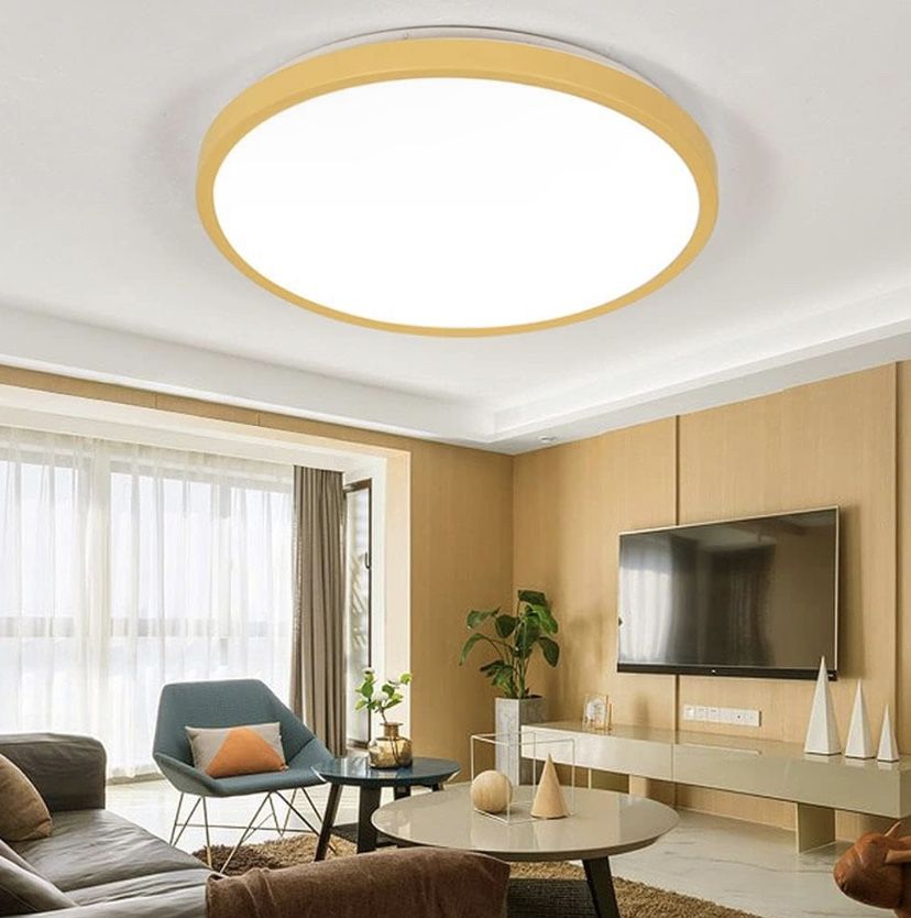 round ceiling light 11”. gold base and white lampshade with starry glow effect. flat light with adjustable light temperature. 5 light modes.