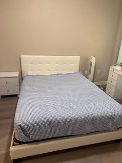 White Faux Leather Platform Bed Frame and queen mattress